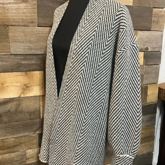 Emery Rose Long Open Cardigan Sweater Duster Brown and White Chevron Medium - Picture 11 of 13